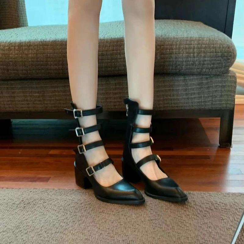 fashion Hot Selling Women's Shoes 2024 Summer Pointed Toe Solid Color Women's High Heels Fashion Buckle Square Heel Casual High Heels