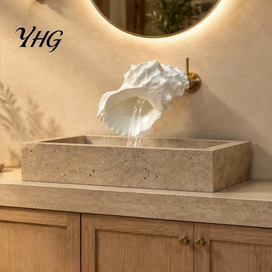 Flexible Water Flow Spout Coastal Seashell Wall-Mount Faucet, Conch Shape Bathroom Sink Ocean Rustic Country Style Faucet Theme Decorative Tap