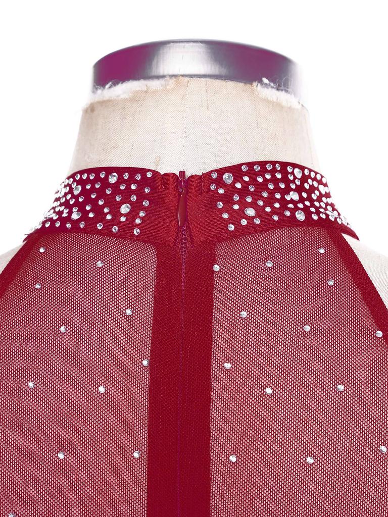 Leotardo de baile latino sin mangas para mujer, de malla transparente con patchwork, brillantes diamantes de imitación y borlas con flecos.