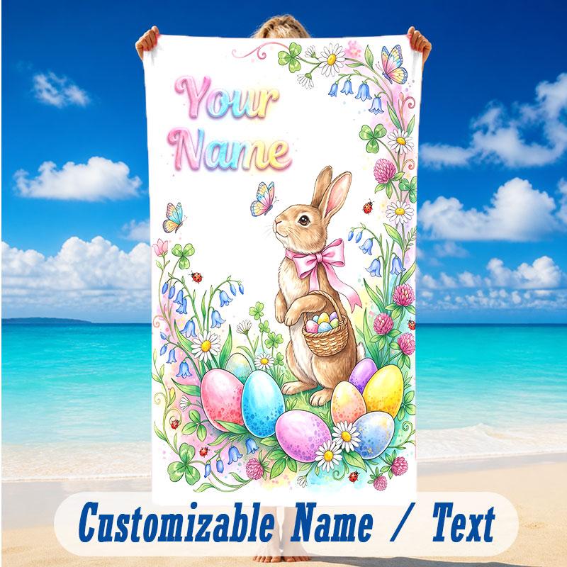 Easter Bunny Theme Beach Towel Personalized Custom Name & Text Soft Quick Dry Beach Towel for Swimming Travel