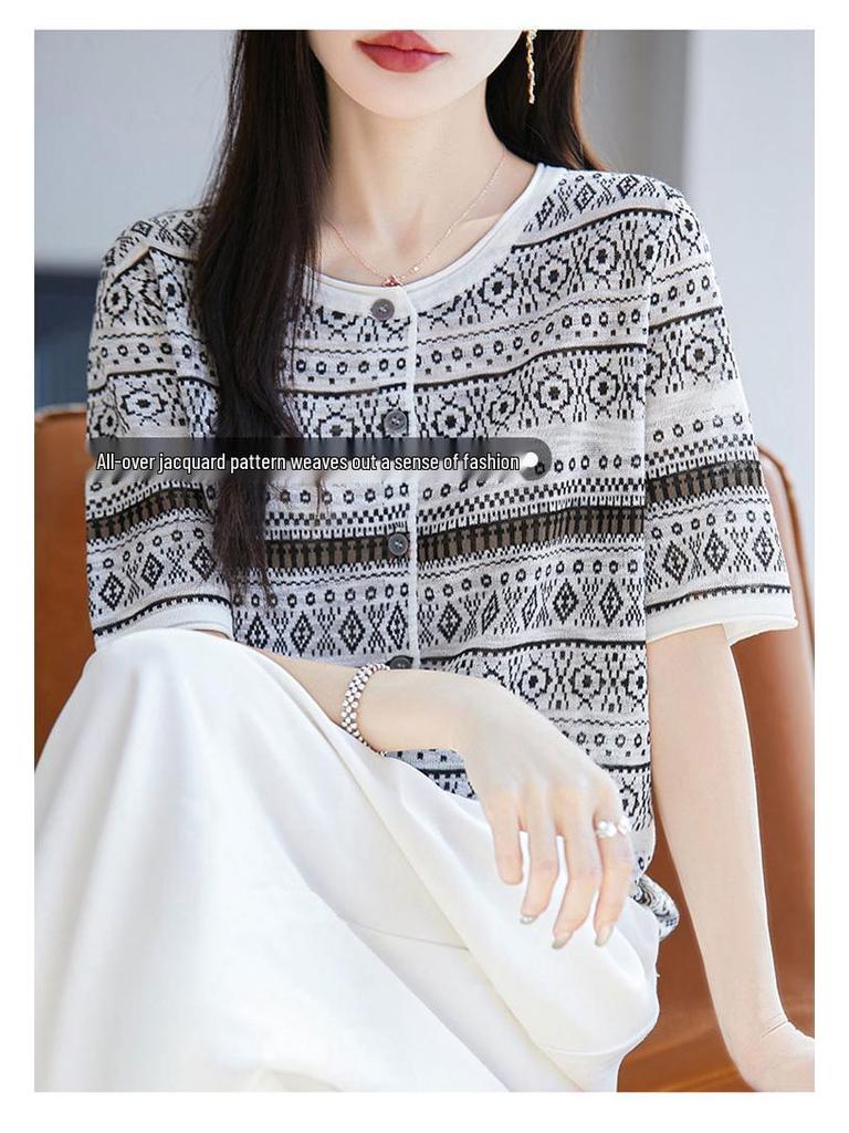 Women's Retro Jacquard Knit Cardigan - Spring/Summer, Round Neck, Long Sleeve, Loose Fit, Casual & Versatile.
