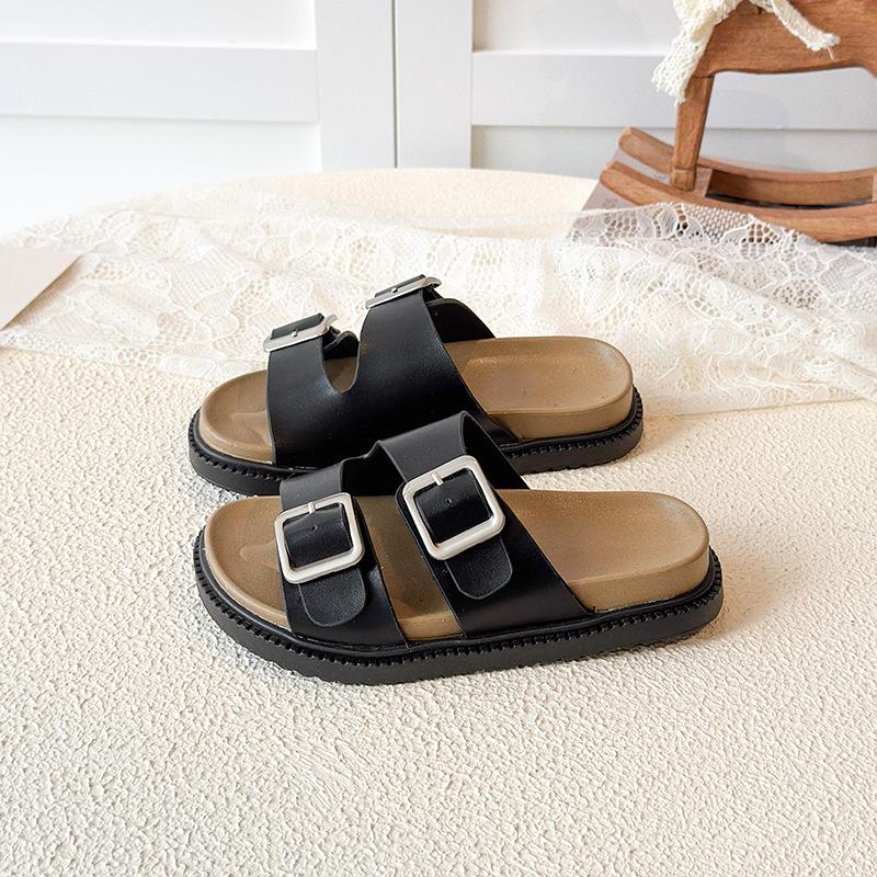 2026 Korean Style Leather Buckle Sandals for Girls - Casual Summer Outdoor Children's Birkenstock-Inspired Half-Closed Shoes