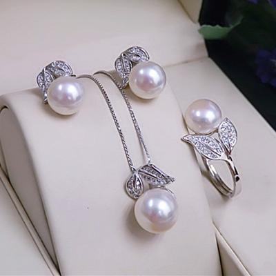 Anillo de Perla Real Collar Pendientes Para Mujer, Conjunto de Joyas de Perla Blanca de Agua Dulce Natural Plata de Ley 925 Conjuntos de Joyas Regalo