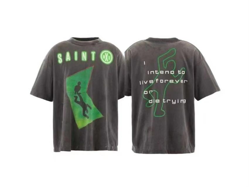 

High Quality Vintage SAINT Washed Creative Letter Pattern Printed Pure Cotton Short Sleeved Street Versatile Oversize Tshirt S