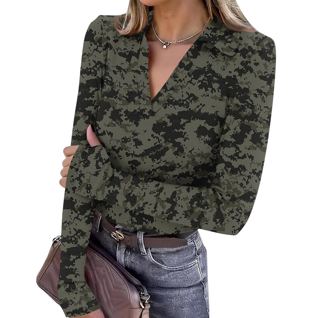 Women's Fashion Casual Print V-Neck Long Sleeve Button-Down Top