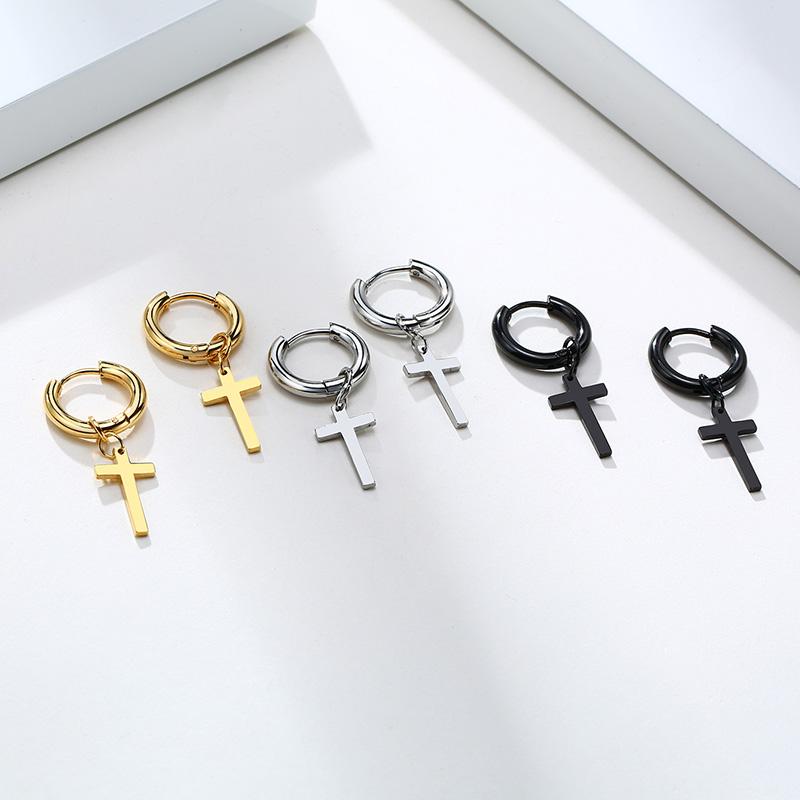 Stainless Steel Earring with Cross Charm for Guys Men's Zircon