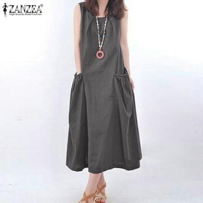 Women Casual O-neck Solid Color With Pockets Sleeveless Dress