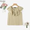  ZANZEA Women Ruffles Round Neck Loose Casual Sleeveless Blouse