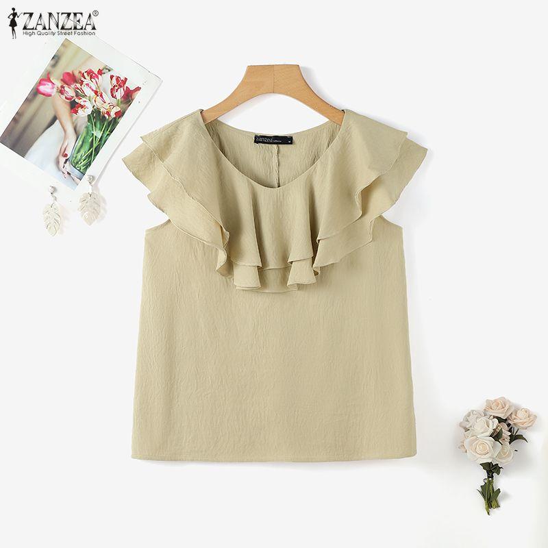 ZANZEA Women Ruffles Round Neck Loose Casual Sleeveless Blouse