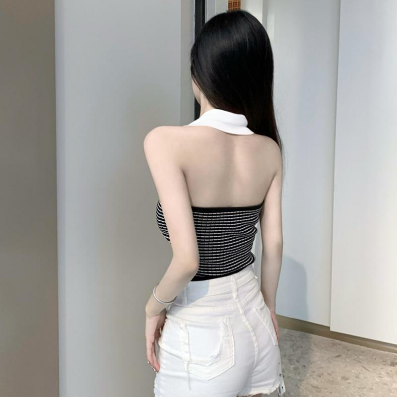 Women Tank Tops Strapless Knitted Crop Top Sleeveless Backless Vintage Top