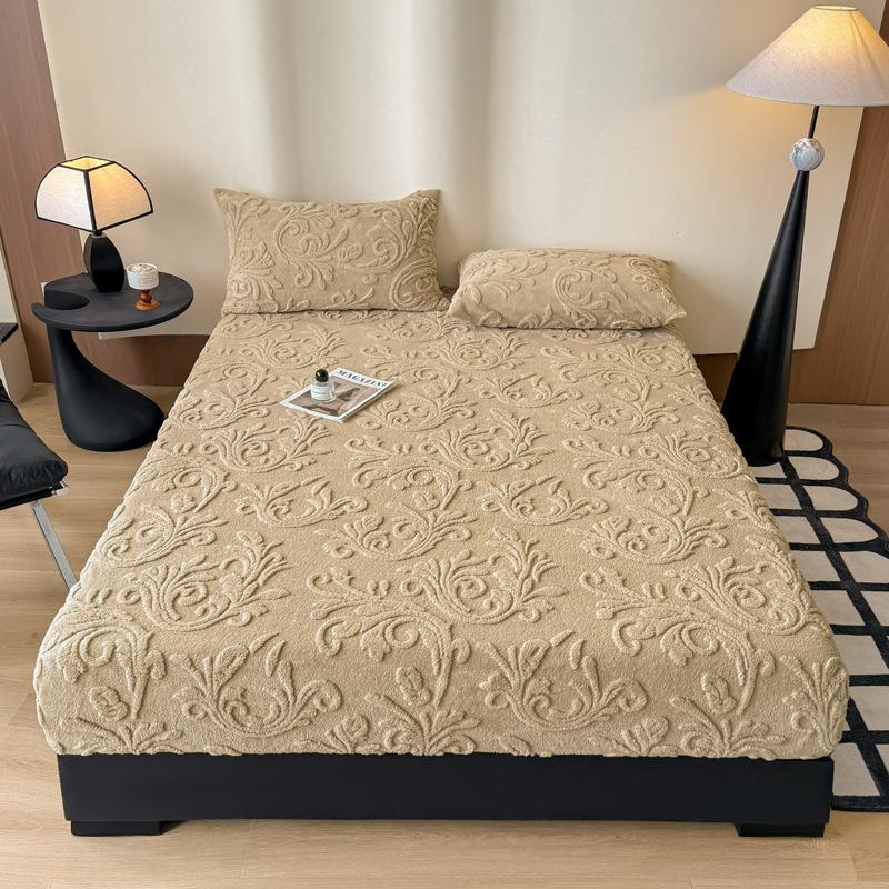 1PCS Plush Embossed Fitted Sheet Thick Warm Bedding for Autumn Winter Soft Comfortable Fabric Deep Pocket Design for Queen King Single  No Pillowcases
