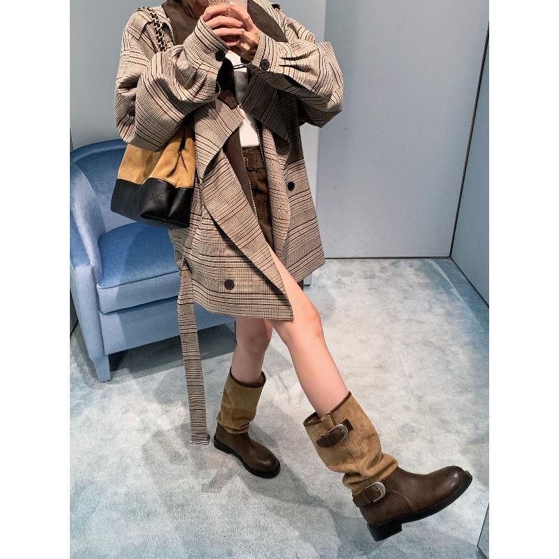 Rindslederversion~ Kontrastfarbene Gürtelschnalle Stiefel Damen Retro Wildleder Spleiß Ritterstiefel Maillard schlanke Stacking-Stiefel