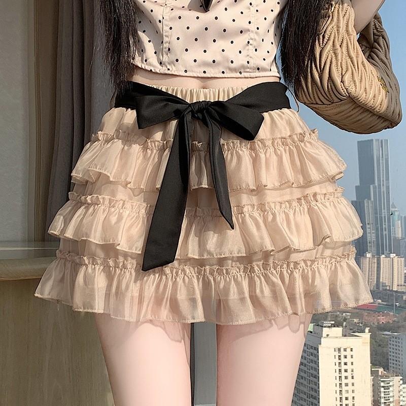 Bow Tie Tulle Tiered Mini Skirt High Waist A-Line Fluffy Cake Skirt QT2881