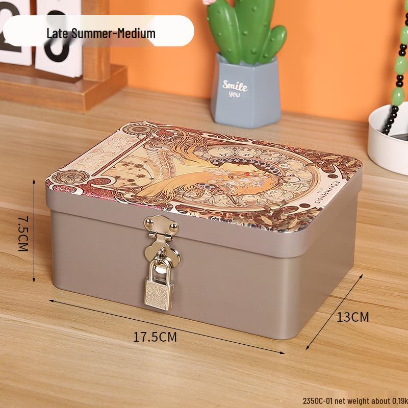 Lockable Retro Tin Box for Cosmetics, Documents, and Jewelry Storage