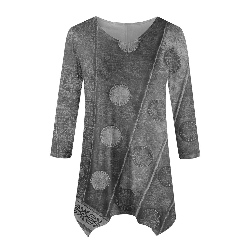 Moda Donna Casual Scollo a V Colore a Contrasto Stampato Manica a Sette Punti Camicia Cinturata Top Ampio Confortevole
