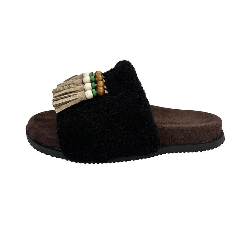 Niche Design Sense Tassel Fluffy Slippers Women's Outer Wear 2025 Autumn and Winter New Retro Thick Bottom Plush One-word Cotton Mop