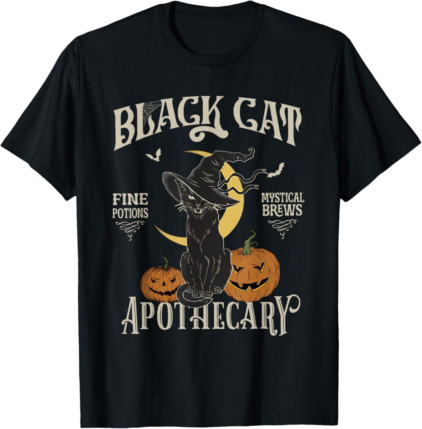 Retro Scary Halloween Costume Black Cat Salem Apothecary T-Shirt Mens Womens Tees Top Tops Tee 3XL