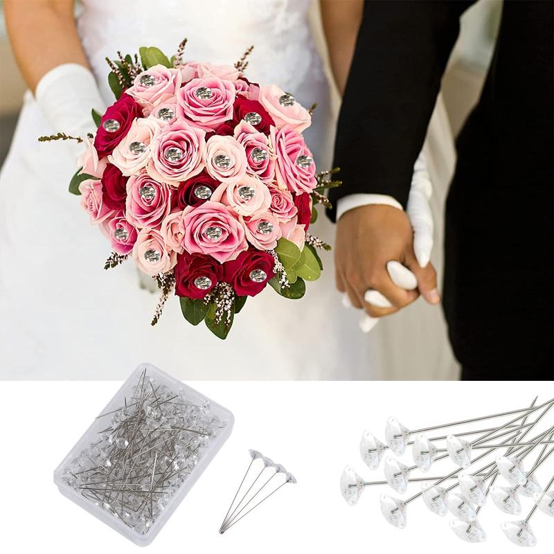 100PCS Bouquet Pins Corsages Flower Pins Clear Sewing Crystal for Head  Long Straight for Head Pins for Wedding Jewelry