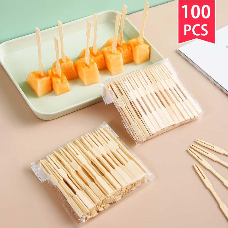 100PCS Disposable Forks Pure Bamboo Wooden Fruit Forks Dessert Fork Set Home Party Decor Tableware Supplies Bamboo Skewer SGC002