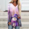 Ladies' Fashionable Casual Christmas Printed T-shirt Long Sleeved V-neck Mid Length Top