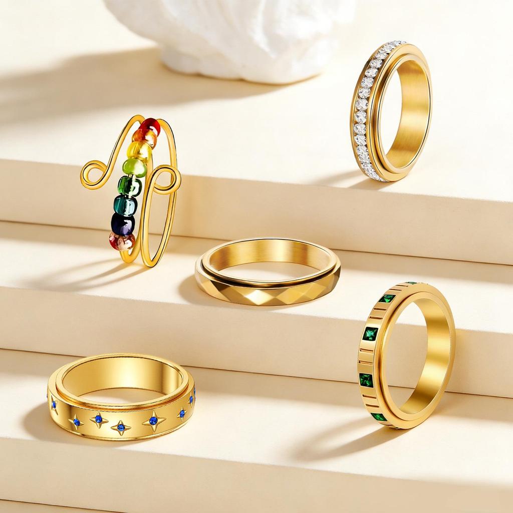 Women's Stainless Steel Diamond-Inlaid Decompression Ring Set - Versatile & Stylish Multiple Styles