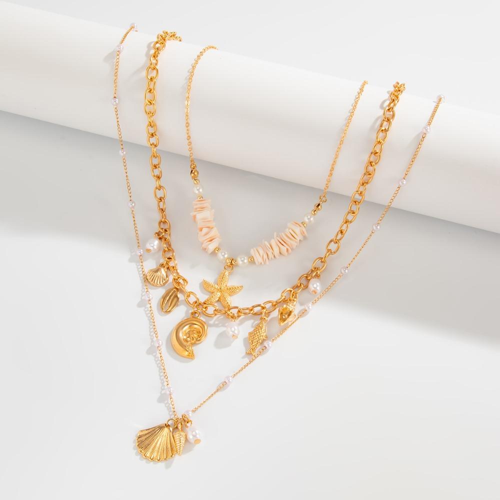 Necklace Set Starfish Conch Necklace Boho Multilayer Clavicle Chain Shell Pendant Choker  Summer
