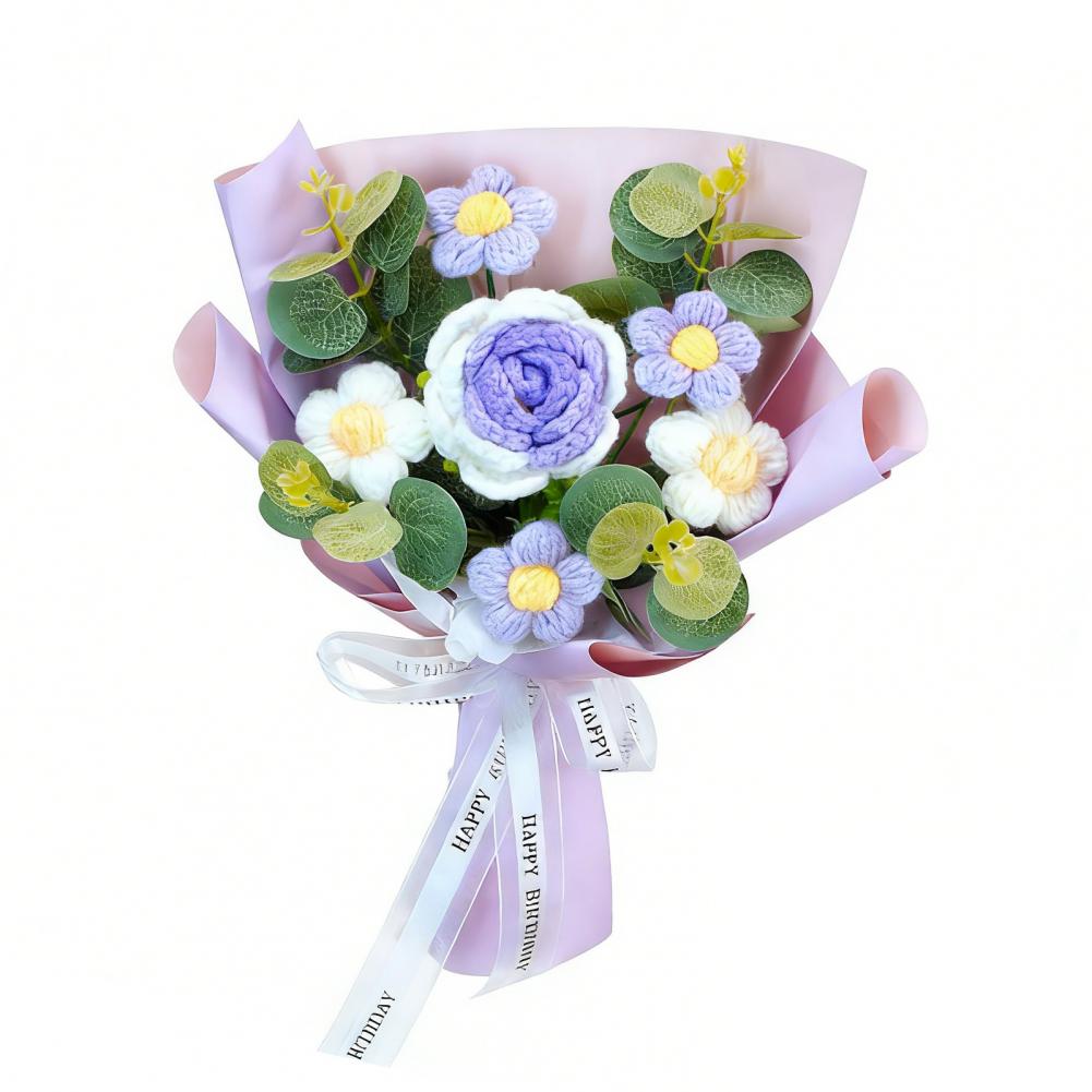 

35cm Artificial Flowers Handmade Cotton Yarn Eternal Flower Crochet Bouquet Birthday Mom Wife Lover Graduation Home Decor фиолетовый