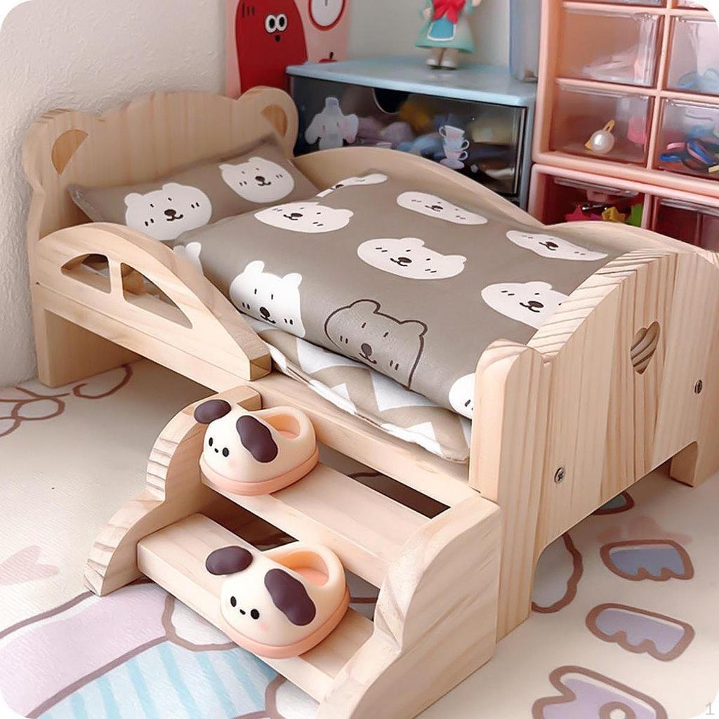 1/12 Wooden Doll Bed Set with Bedding Accessories for Dollhouse Fun