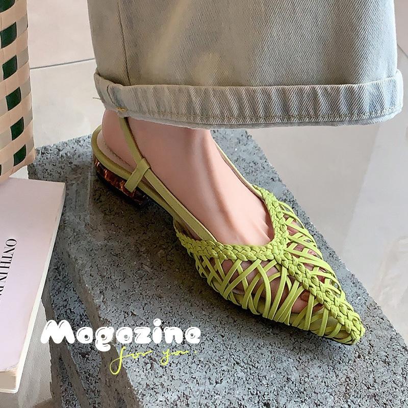 Sheepskin Korean version of niche leather woven breathable sandals women's summer flat bottom pointed hollow Muller outer wear cool slippers