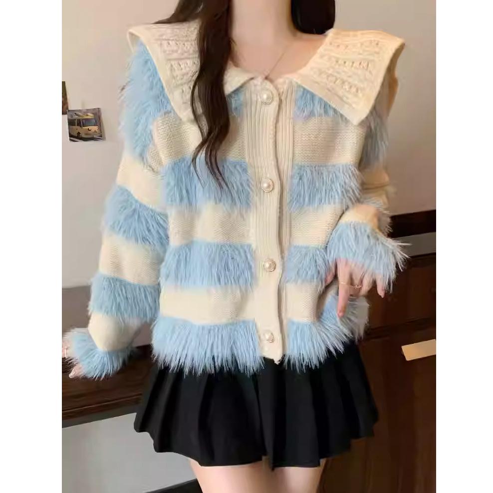 2024 Autumn/Winter Age-Defying Doll Collar Patchwork Stripe Plush Knit Sweater in Lazy Style