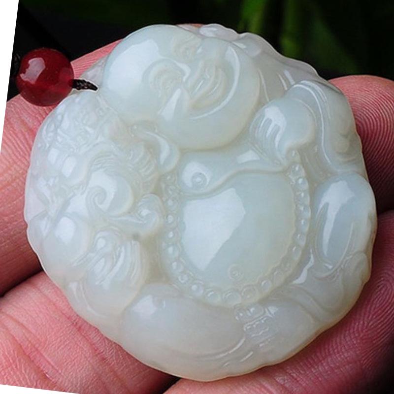 Natural Afghanistan White Jade Buddha Pendant Necklace