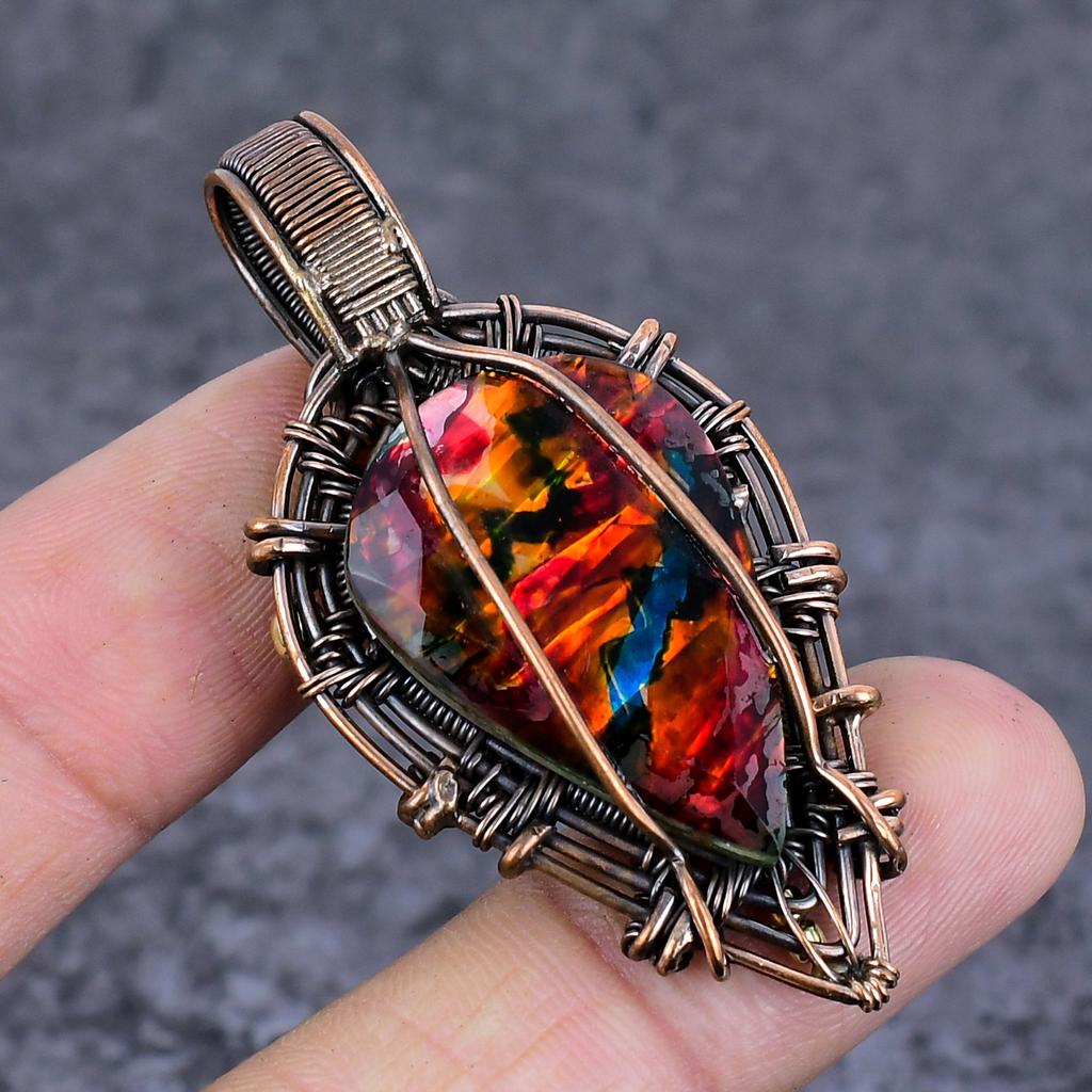 Ammolite Handmade Copper Wire Wrap Jewelry Pendant 2.36" E5B80