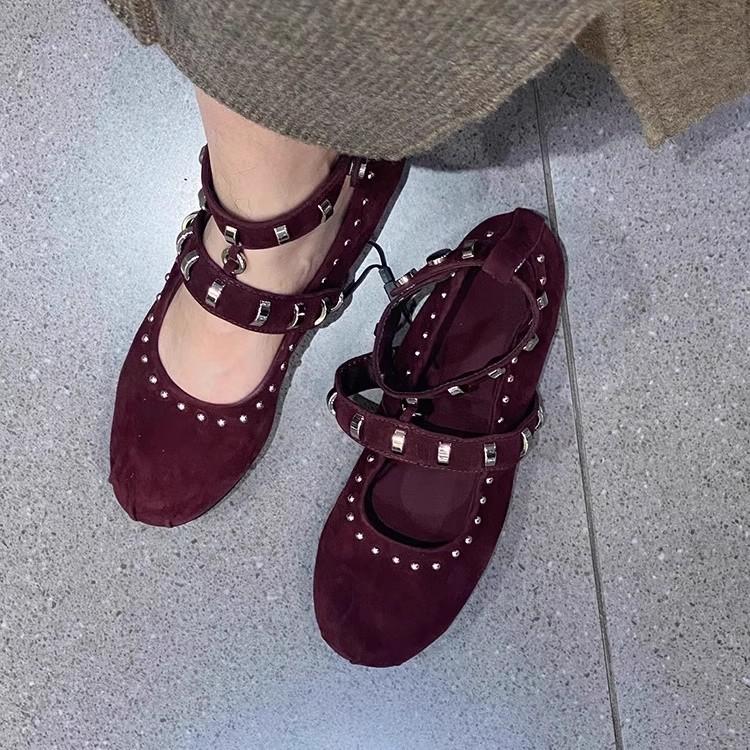 

Suede Mary Jane Pumps Metal Decor Solid Color Elegant Concise Luxury Sexy Women Shoes Square Toe Flat With Party Dress 35
