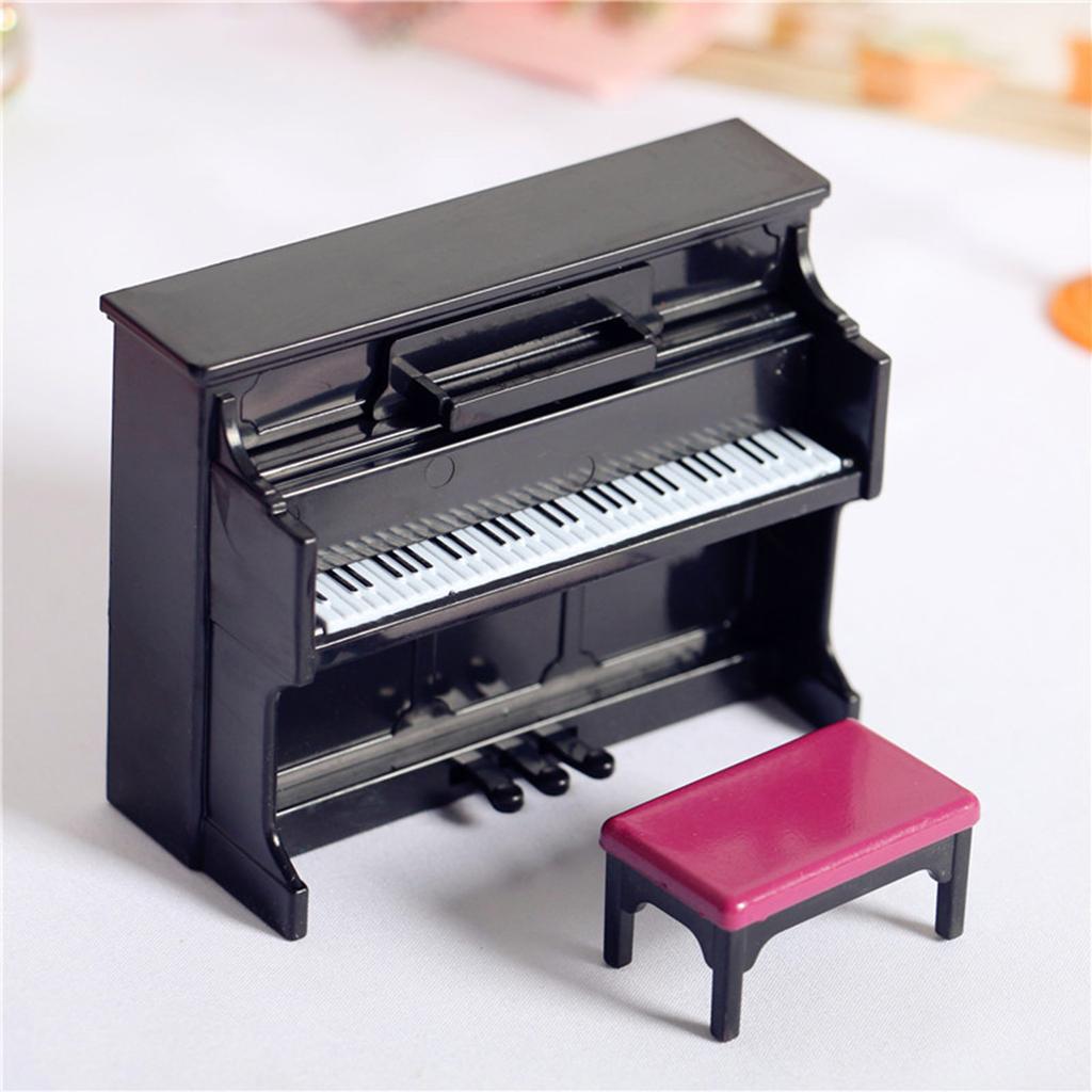 Dollhouse Piano with Stool Miniature Musical Instrument Ornament Dollhouse Model Gift for Children Scene Shooting Props
