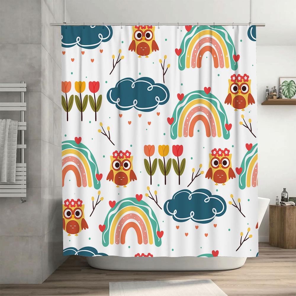 Creative Owl Pattern Shower Curtain Rainbows Clouds Bathroom Decor Waterproof Fabric Home Decoration Modern Washcloth White Size