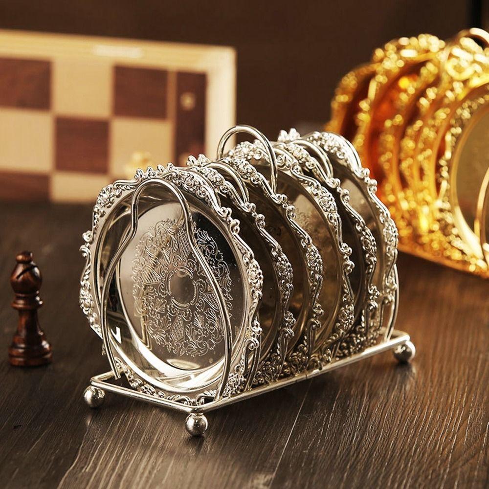 7 Pcs/set Zinc Zinc Zinc Alloy European Decor Racks Carved Metal Cake Tray Patterned Cup Mat  Fruit Tray