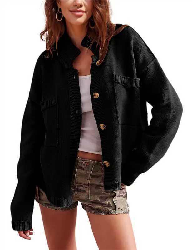 2024 New Women's Stand Collar Cardigan Sweater - Solid Color Knitwear for Autumn/Winter