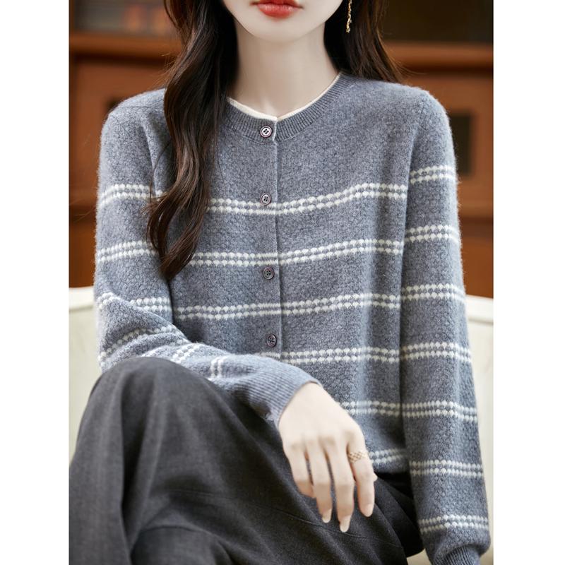 Women's Color Block Pure Wool Knit Cardigan - Round Neck, Loose Fit, Warm Striped Sweater for Autumn and Winter