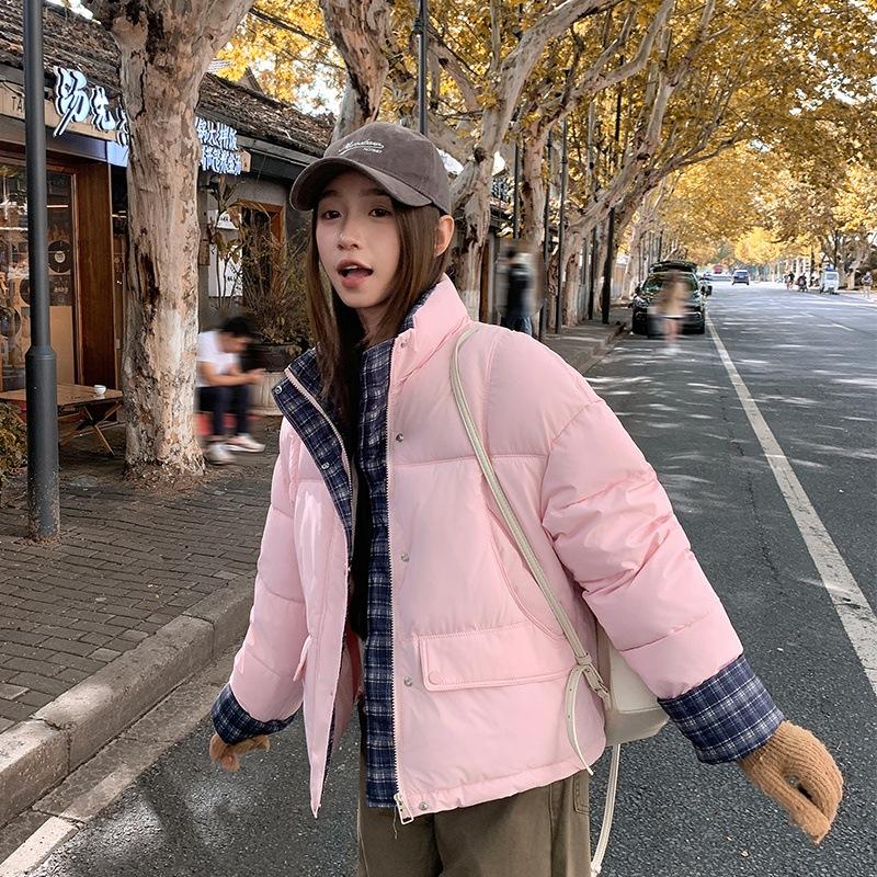 Plaid Down Cotton Coat Women's Short Style New Autumn and Winter Petite Cotton Coat Jacket Top Women's Bread Coat