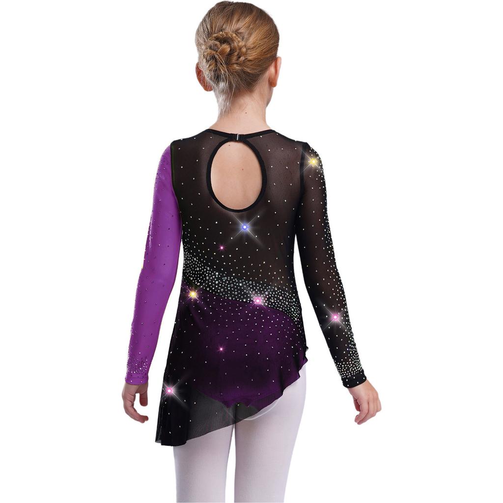 Girls Dance Gymnastics Bodysuit Dress Long Sleeve Sheer Mesh Patchwork Sparkling Rhinestones Color Block Leotard