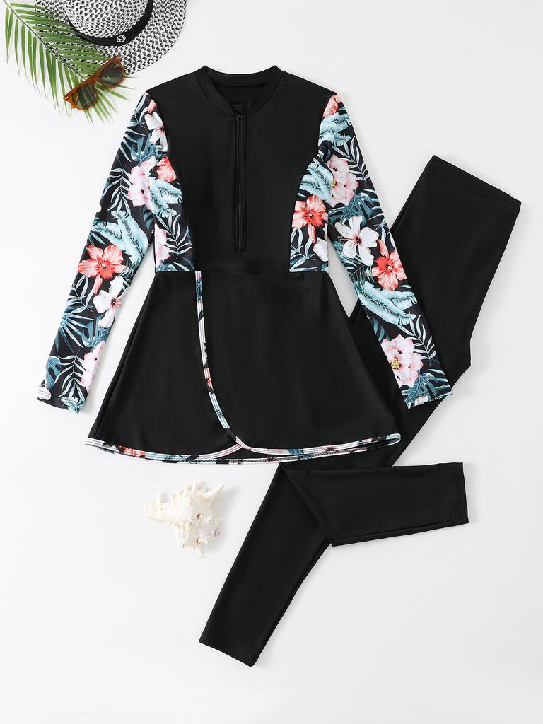 Women Long Sleeve Skirted Two Piece Swimsuit Set With Solid And Printed Patterns For Beach And Surfing