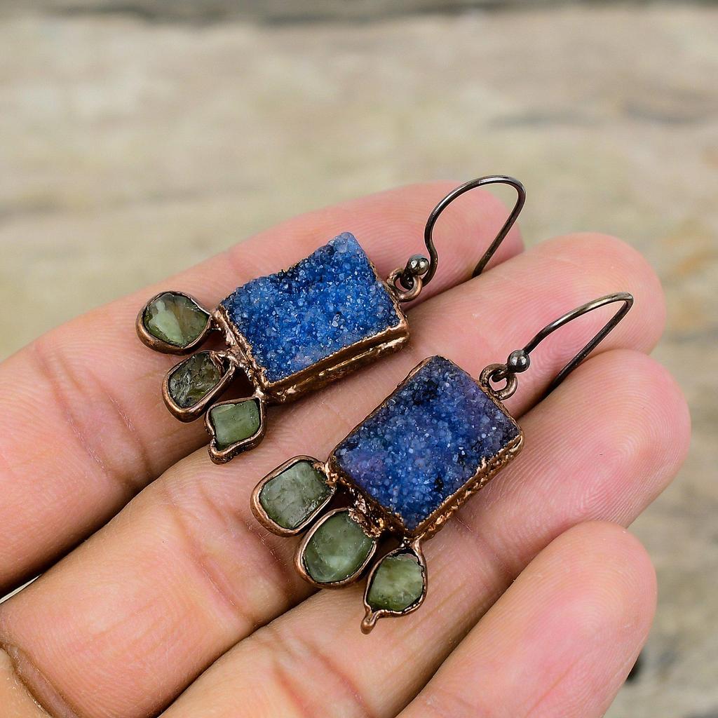 Blue Druzy Gemstone Earring Electroformed Copper Earrings Green Tourmaline Rough Earring Electroformed Jewelry Gift For Her Handmade Earring