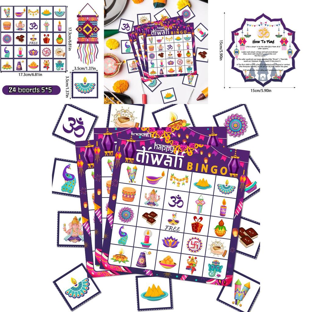Diwali Festival Bingo Card Game Set With Stickers Call Cards For Family Celebration