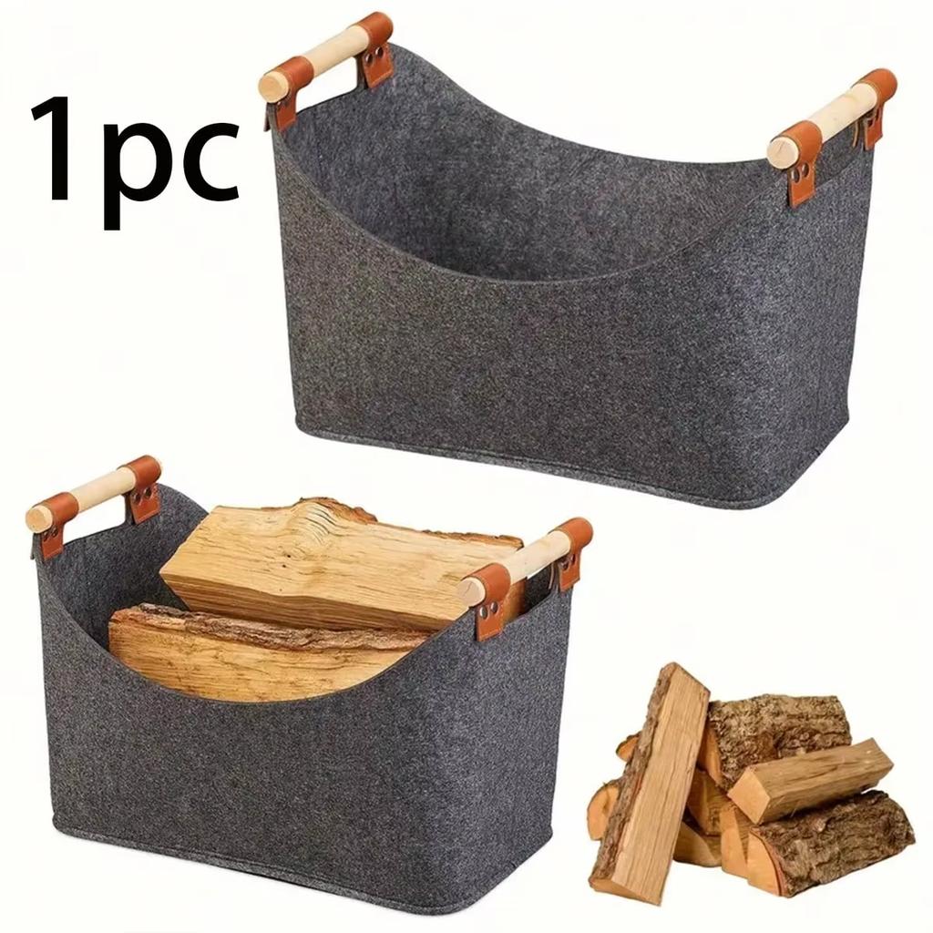 45 X 32 X 40 Cm Firewood Box with Wooden Handles Foldable Wood Basket 57L Large Capacity Felt Storage Bag for Firewood Clothes