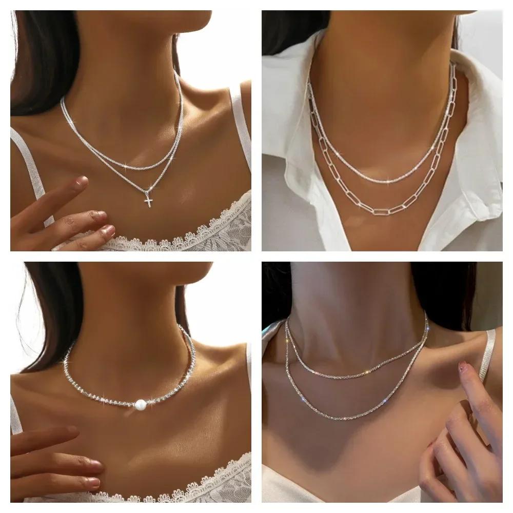 New Temperament Shiny Double Layer Cross Pendant Cross Pendant Necklace for Women Charm Collarbone Chain Jewelry Accessory Gift