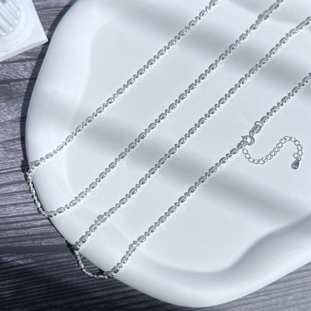 S925 Sterling Silver Women's Carved Knife Bead Necklace - Shiny Round Bead Chain, High-End Long Sweater Chain for Autumn/Winter