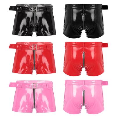 Mens Wet Look Boxer Shorts with Waist Belt Double-End Zipper Underwear Nightclub Sexy Nightwear