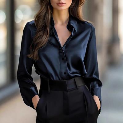 Yousheng Women Shirt Lapel Long Sleeve Single Breasted Shirt Tops Smooth Fabric Satin Office Lady Shirt Versatile Autumn Wear