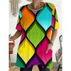 Women'S Summer Contrast Black Trim Diamond Geometric Full Print Pocket Round Neck Short Sleeve T-Shirt  Casual Comfortable Top