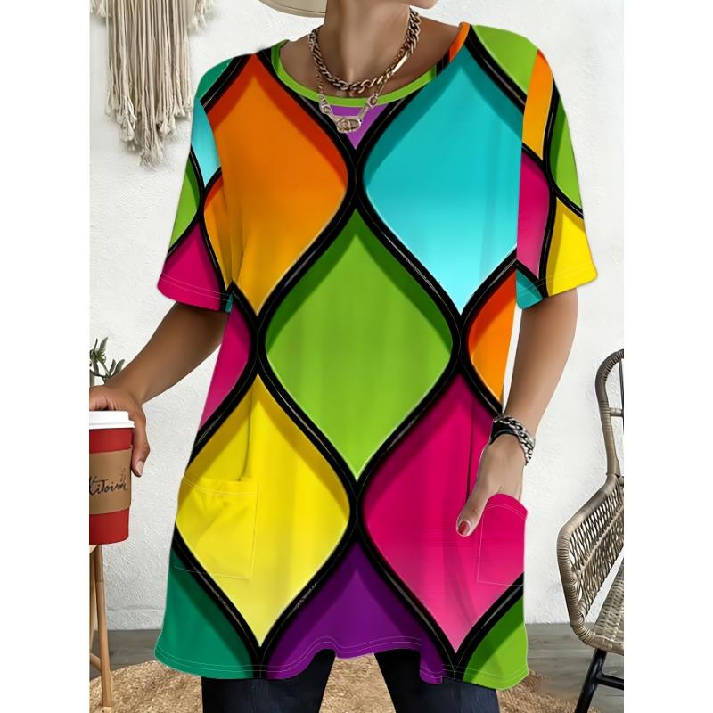 Women'S Summer Contrast Black Trim Diamond Geometric Full Print Pocket Round Neck Short Sleeve T-Shirt Casual Comfortable Top